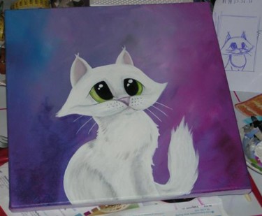 Peinture intitulée "Petit chat blanc au…" par Lilou, Œuvre d'art originale, Huile