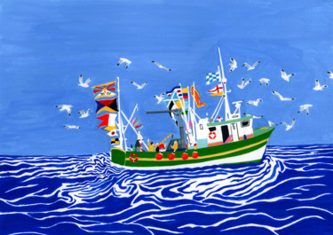 Painting titled "bateau de pêche au…" by Lil Sire, Original Artwork, Gouache