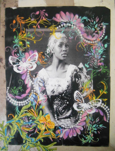 Коллажи под названием "Carte Brodée Belle…" - Lilyluciole Street Art, Подлинное произведение искусства, Бумага