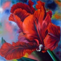 Painting titled "Red Tulip" by Lily Van Bienen, Original Artwork, Oil