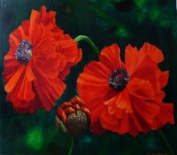 Painting titled "Red Poppies" by Lily Van Bienen, Original Artwork, Oil