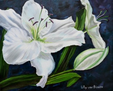 Malerei mit dem Titel "white lilies" von Lily Van Bienen, Original-Kunstwerk, Öl