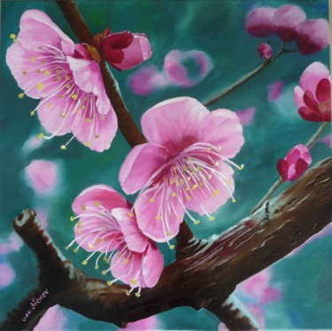 Картина под названием "fleurs-des-abricoti…" - Lily Van Bienen, Подлинное произведение искусства, Масло