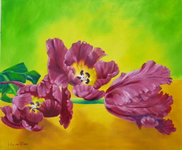 Painting titled "3-tulips-reine-de-l…" by Lily Van Bienen, Original Artwork, Oil