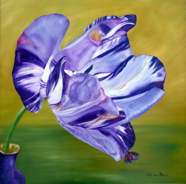 Painting titled "Violet Virus Tulip" by Lily Van Bienen, Original Artwork, Oil Mounted on Wood Stretcher frame