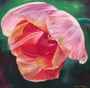 Painting titled "Lit Tulip" by Lily Van Bienen, Original Artwork, Oil