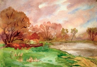 Painting titled "Озерко (Little lake)" by Lilia Muratova, Original Artwork, Watercolor