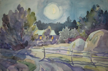 Malerei mit dem Titel "Лунная ночь в дерев…" von Lilia Muratova, Original-Kunstwerk, Aquarell