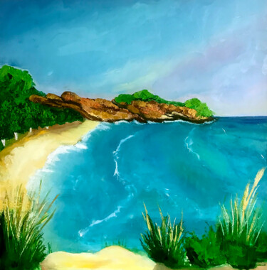 Painting titled "Green Beach" by Lina Balestie, Original Artwork, Oil Mounted on Cardboard