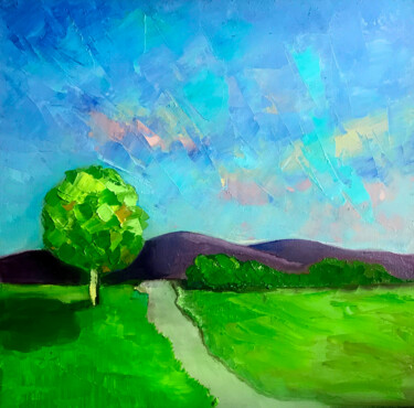 Pittura intitolato "A Tree Near the Road" da Lina Balestie, Opera d'arte originale, Olio Montato su Cartone