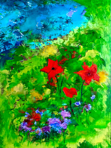 Painting titled "Pond and Poppies" by Lina Balestie, Original Artwork, Oil Mounted on Cardboard