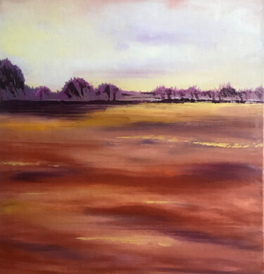 Painting titled "Sunset Landscape" by Lina Balestie, Original Artwork, Oil Mounted on Cardboard