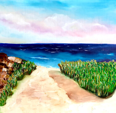 Painting titled "To the Beach" by Lina Balestie, Original Artwork, Oil Mounted on Cardboard