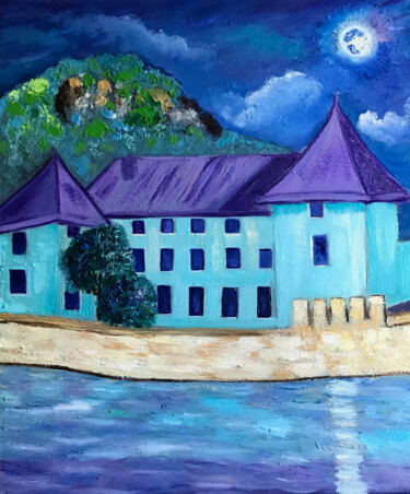 Painting titled "Full Moon" by Lina Balestie, Original Artwork, Oil Mounted on Wood Stretcher frame