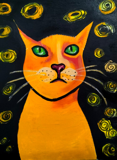 Painting titled "Funny cat" by Lina Balestie, Original Artwork, Oil Mounted on Cardboard