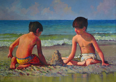 Pintura intitulada "Meninos na praia de…" por Linaldo Cardoso, Obras de arte originais, Óleo