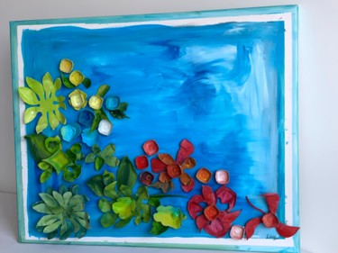 Painting titled "Emerging Sea Flowers" by Lina Alves, Original Artwork, Collages Mounted on Wood Panel