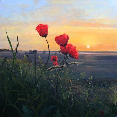 Painting titled "POPPIES. DAWNING." by Linar Ganeew, Original Artwork, Oil Mounted on Wood Stretcher frame