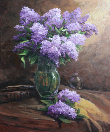 Painting titled "LILACS IN A VASE" by Linar Ganeew, Original Artwork, Acrylic Mounted on Wood Stretcher frame