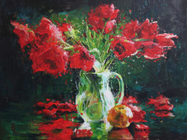 Painting titled "POPPIES IN A GLASS…" by Linar Ganeew, Original Artwork, Acrylic