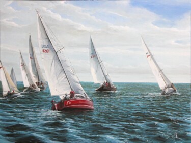 Painting titled "REGATTA (YACHT RACI…" by Linar Ganeew, Original Artwork, Oil Mounted on Wood Stretcher frame