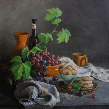 Painting titled "STILL LIFE WITH GRA…" by Linar Ganeew, Original Artwork, Oil Mounted on Wood Stretcher frame