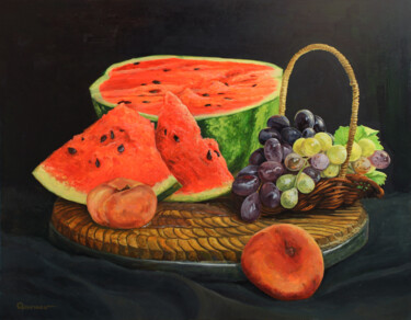 Malarstwo zatytułowany „WATERMELON AND FRUIT” autorstwa Linar Ganeew, Oryginalna praca, Olej Zamontowany na Drewniana rama n…