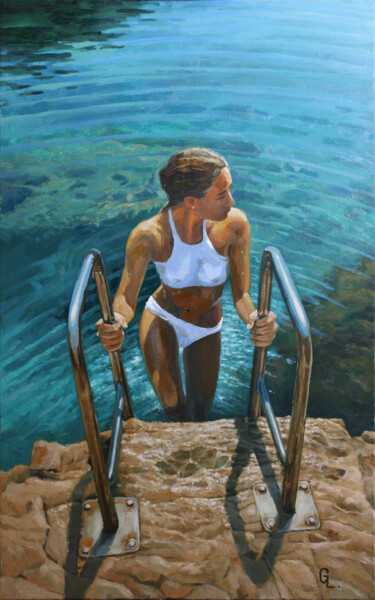 Painting titled "BATHER" by Linar Ganeew, Original Artwork, Oil Mounted on Wood Stretcher frame