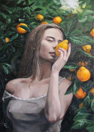 Painting titled "GIRL WITH LEMONS" by Linar Ganeew, Original Artwork, Oil Mounted on Wood Stretcher frame