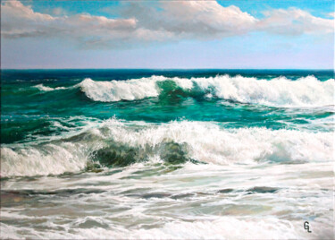 Painting titled "FOAMED WAVES. SEA." by Linar Ganeew, Original Artwork, Oil Mounted on Wood Stretcher frame
