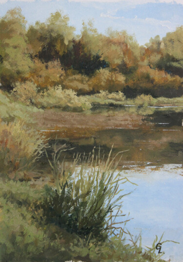 Картина под названием "Pond. End of summer" - Linar Ganeew, Подлинное произведение искусства, Масло
