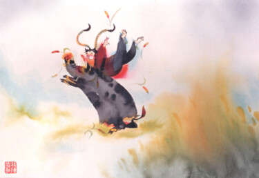 Painting titled "The Kid and the Boar" by Lin Chen Zhong Xun (Linchen Chung Hsun), Original Artwork, Ink