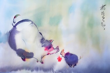 Painting titled "Piggy's first love" by Lin Chen Zhong Xun (Linchen Chung Hsun), Original Artwork, Ink