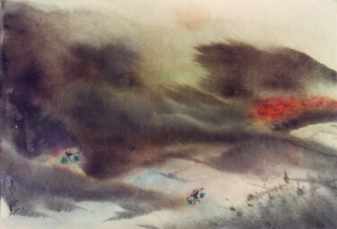 Malerei mit dem Titel "Rural sunset ends w…" von Lin Chen Zhong Xun (Linchen Chung Hsun), Original-Kunstwerk, Tinte