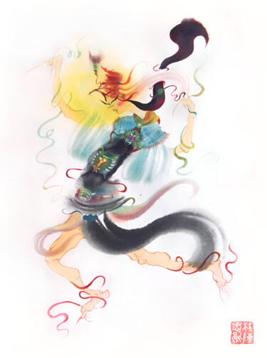 Malerei mit dem Titel "Dancing God of War" von Lin Chen Zhong Xun (Linchen Chung Hsun), Original-Kunstwerk, Aquarell