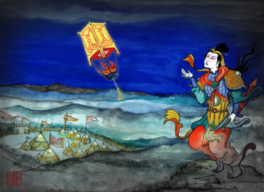 Painting titled "Sky Lantern Female…" by Lin Chen Zhong Xun (Linchen Chung Hsun), Original Artwork, Watercolor
