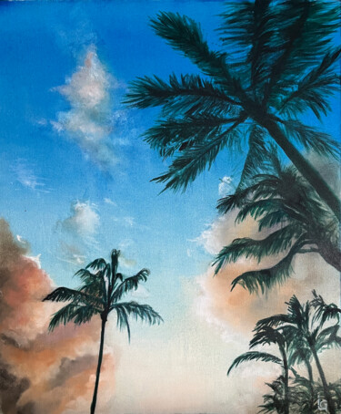 Painting titled "Palmiers au coucher" by Linda Bonnaffous, Original Artwork, Oil