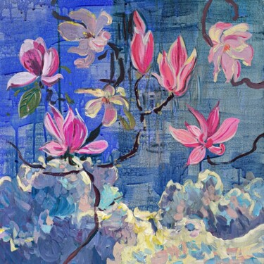 Painting titled "Magnolia forever II" by Linda Clerget, Original Artwork, Acrylic Mounted on Wood Stretcher frame