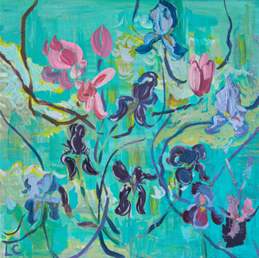 Pittura intitolato "Les iris fleurissen…" da Linda Clerget, Opera d'arte originale, Acrilico Montato su Telaio per barella i…