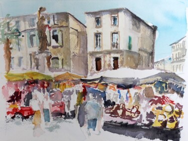 Painting titled "Le Marché Pezenas" by Linda H Matthews, Original Artwork, Watercolor Mounted on Other rigid panel