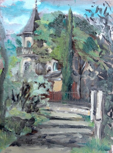 Painting titled "Chateau Moulin de C…" by Linda H Matthews, Original Artwork, Oil Mounted on Wood Panel
