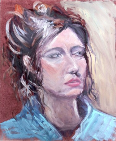 Painting titled "Portrait - Femme" by Linda H Matthews, Original Artwork, Oil Mounted on Cardboard