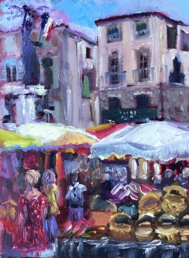 Pintura intitulada "La Marché, Pezenas" por Linda H Matthews, Obras de arte originais, Óleo Montado em Painel de madeira