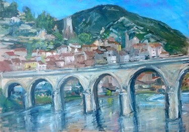 Painting titled "Le Pont, Roquebrun" by Linda H Matthews, Original Artwork, Oil Mounted on Wood Stretcher frame