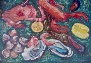Schilderij getiteld "Fruits de Mer" door Linda H Matthews, Origineel Kunstwerk, Olie Gemonteerd op Frame voor houten brancard