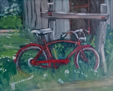 Painting titled "Le Vieux Velo rouge" by Linda H Matthews, Original Artwork, Acrylic Mounted on Cardboard