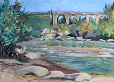 Peinture intitulée "Le pont de fer à l'…" par Linda H Matthews, Œuvre d'art originale, Huile Monté sur Châssis en bois