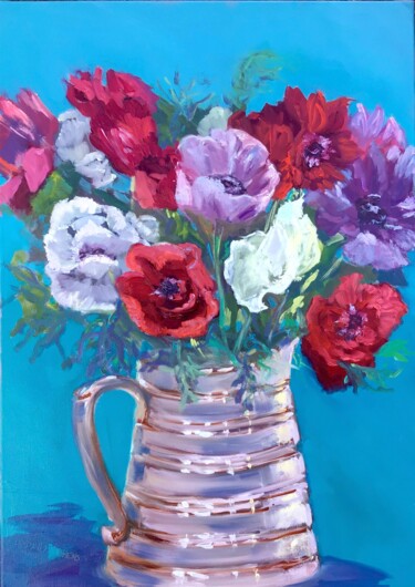 Painting titled "Anemones, Nature Mo…" by Linda H Matthews, Original Artwork, Oil Mounted on Wood Stretcher frame