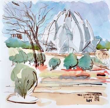 绘画 标题为“The Lotus Temple, D…” 由Linda H Matthews, 原创艺术品, 水彩