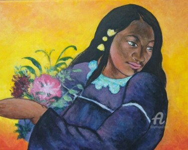 Pittura intitolato "gauguin-femme-fleur…" da Linda Kacer, Opera d'arte originale, Acrilico